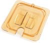 A Picture of product CFS-10511U13 StorPlus™ High Heat Handled Notched Universal Food Pan Lids, 1/6 Size. 6.88 X 6.31 X 0.88 in. Amber. 6 each/case.