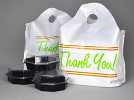 Take Out Bags with Wave Top Handles and "Thank You" Print. 24 X 20 + 11 BG in. 1.5 mils. 250/case.