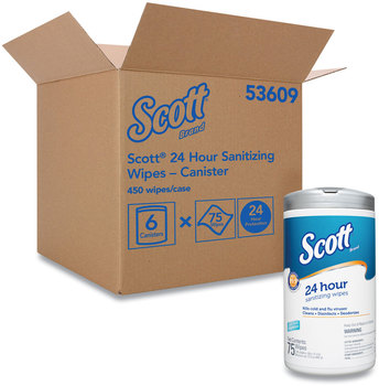 Scott® 24-Hour Sanitizing Wipes, 4.5 x 8.25, White, 75/Canister, 6 Canisters/Case