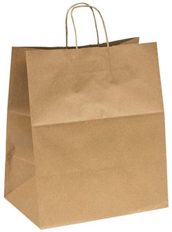 Recycled Kraft Paper Shopping Bags with Twist Handles. 68#. 14 X 9.6 X 16.5 in. 200 Bags/Case.