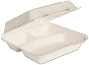 Dart® Bare® by Solo® Eco-Forward® Bagasse Hinged Lid 3-Compartment Containers. 9.6 X 9.4 X 3.2 in. Ivory. 200/case.