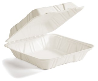 Large Molded Fiber Hinged Lid Clamshell Containers. 9 X 9 X 3 in. 100/pack, 2 packs/case.
