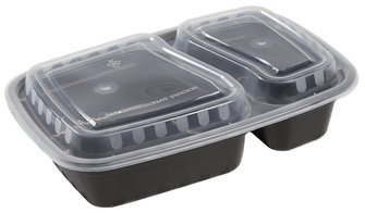 AmerCareRoyal Rectangular Polypropylene 2-Compartment Take Out Containers with Lids. 32 oz. 8 3/4 X 6 X 2 in. Black and Clear. 150 sets/case.
