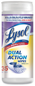 LYSOL® Brand Dual Action™ Disinfecting Wipes,  Dual Action, Citrus, 7 x 8, 35/Canister, 12/Case