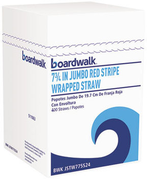 Boardwalk® Jumbo Wrapped Straws,  7 3/4", Plastic, Red w/White Stripe, 400/Pack, 24 Pack/Carton