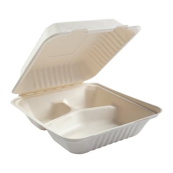 AmerCareRoyal Deep Medium 3-Section Molded Fiber Compostable Hinged Lid Containers. 7.875 X 8 X 3.19 in. White. 2/100.