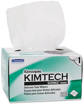 KIMTECH SCIENCE* KIMWIPES* Delicate Task Wipers.  Pop-Up Box.  4.4" x 8.4" Wiper.  White Color.  280 Wipers/Pop-Up Box, 60 Boxes/Case.