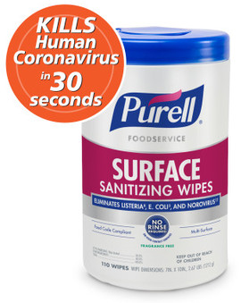 PURELL® Foodservice Surface Sanitizing Wipes. 7 X 10 in. Fragrance Free. 110/canister, 6 canisters/case.