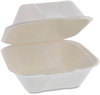 A Picture of product PCT-YMCH00800001 Pactiv EarthChoice® Bagasse Hinged Lid Container, Single Tab Lock, 6" Sandwich, 5.8 x 5.8 x 3.3, Natural, 500/Carton