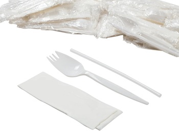 3-Piece Medium Weight Polypropylene Cutlery Kits with Spork, Napkin, and Milk Straw. White. 1000/case.