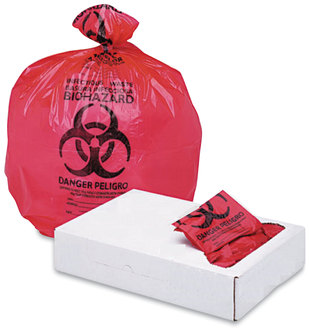 Boardwalk® Linear Low Density Health Care Trash Can Liners. 45 gal. 1.3 mil. 40 X 46 in. Red. 100/carton.