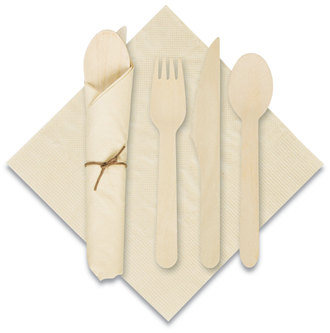 Hoffmaster® Pre-Rolled Caterwrap Kraft Napkins with Wood Cutlery. 6 X 12 Napkin; Fork, Knife, Spoon 7 to 9 in. Kraft. 100 rolls/carton.