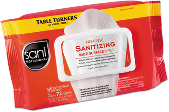 Sani Professional® No-Rinse Sanitizing Multi-Surface Wipes, 9" x 8", White, 72 Wipes/PK, 12/Case