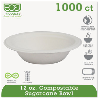 Eco-Products® Sugarcane Dinnerware, Renewable and Compostable Bowls, 12 oz, Natural White, 50/Pack, 20 Packs/Case