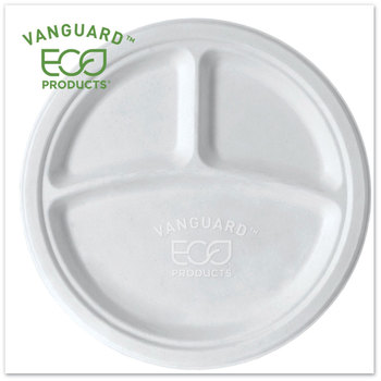 Eco-Products® Vanguard Renewable and Compostable Sugarcane Plates, 3-Compartment, 10" dia, White, 500/Case
