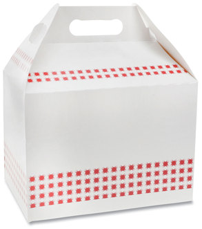 Pactiv Evergreen Paper Barn Boxes with Handles. 9 X 5 X 4.5 in. Red and White Basketweave pattern. 150 containers/carton.
