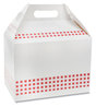 A Picture of product PCT-DBRNL Pactiv Evergreen Paper Barn Boxes with Handles. 9 X 5 X 4.5 in. Red and White Basketweave pattern. 150 containers/carton.