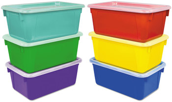 Storex Cubby Bins, Lids Included, 12.25" x 7.75" x 5.13", Assorted Colors, 6/Pack