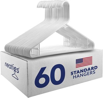 Neaties Heavy Duty Standard Plastic Hangers Clothes with Bar Hooks. 16.5 X 9 X 1/4 in. White. 60/pack