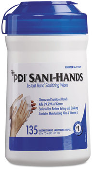 Sani Professional® PDI Sani-Hands® ALC Instant Hand Sanitizing Wipes. 7.5 X 6 in. White. 135 wipes/canister,12 canisters/case.