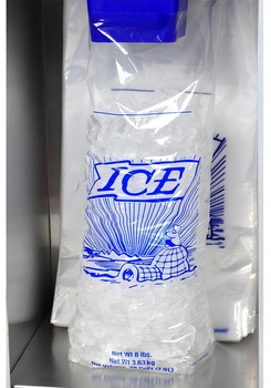Printed 10 lb. Ice Bag on Header, use with Ice Bagger, 12" x 19" + 4" BG + 1.5" LP, 1.25 Mil, 1,000/Case