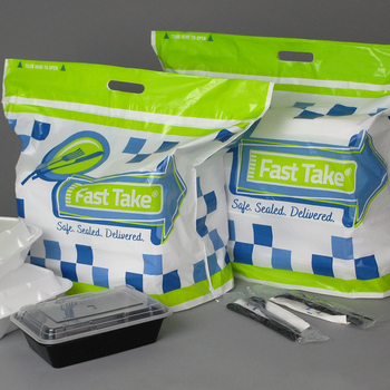 Fast Take® Tamper-Evident Carryout Bag (Printed). 21" x 18" + 10" Bottom + 3-1/2" Lip, 1.75 Mil, 250 Bags/Case.