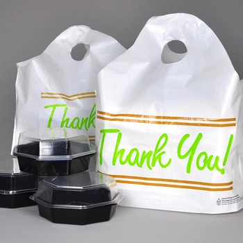 Take Out Bags with Wave Top Handles and "Thank You" Print. 21" x 18" + 10" BG, 1.50 Mil, 500/Case