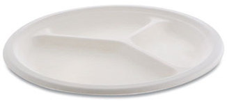Pactiv Evergreen EarthChoice® Compostable Fiber-Blend Bagasse  3-Compartment Dinnerware Plates. 10 in. Natural. 500/carton.