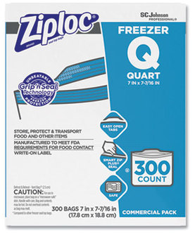 Ziploc® Double Zipper Freezer Bags. 1 qt. 2.7 mil. 7 X 7.75 in. Clear. 300/carton.